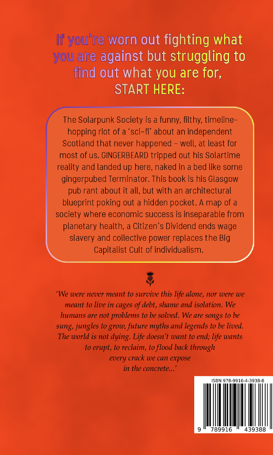 Back cover of The Solarpunk Society, including the book description and barcode