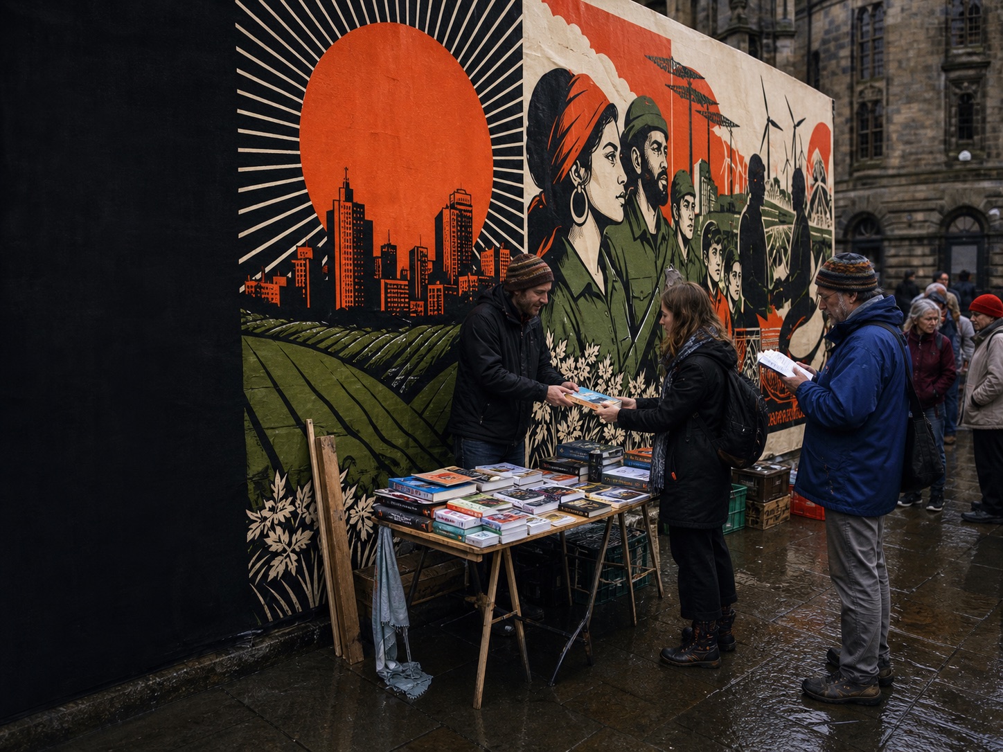 A community book stall in front of a bold Solarpunk public mural