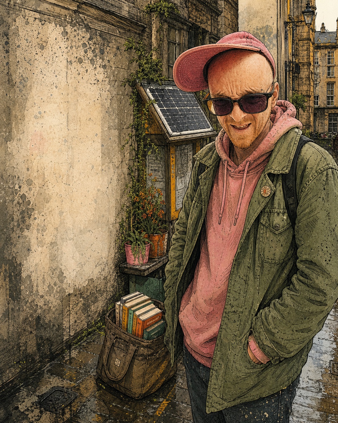 An illustrated Solar Time character study of Gingerbeard in a rain-bright Glasgow lane, wearing a worn green jumper and denim jacket.