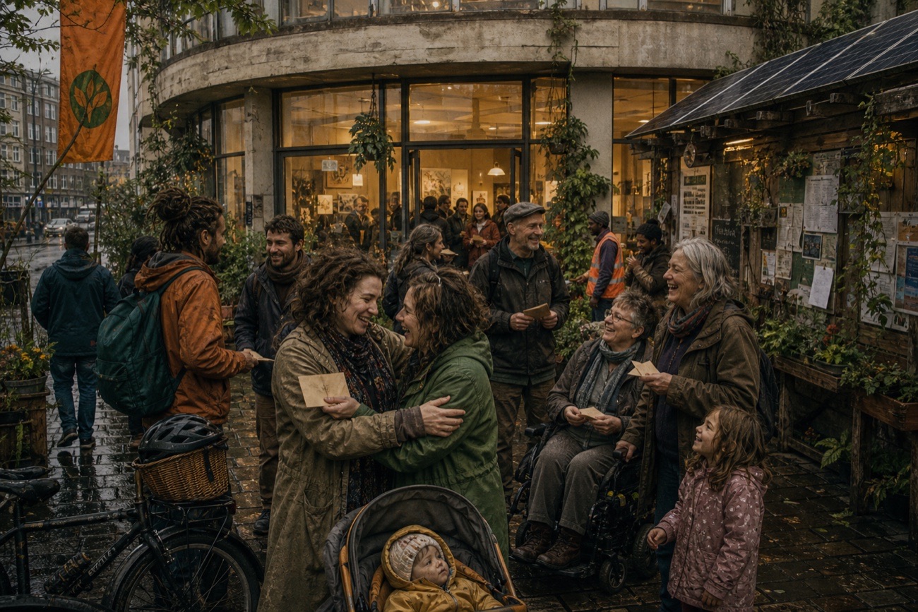 An imagined Glasgow street where neighbours repair bicycles, share food and use a public workshop under solar panels.