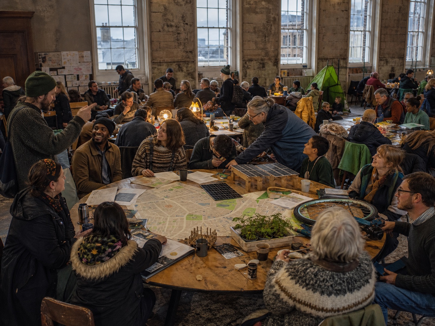 An imagined civic gathering in a reused Glasgow hall, with neighbours around tables of maps, food and repair plans.