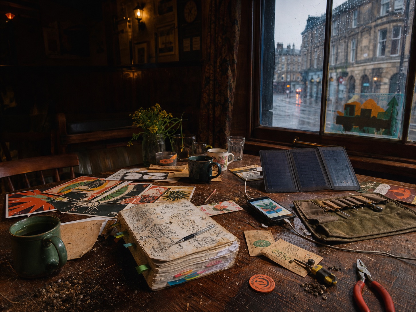 An imagined Glasgow pub table covered in a marked-up book manuscript, tea, flyers and a small solar repair kit.